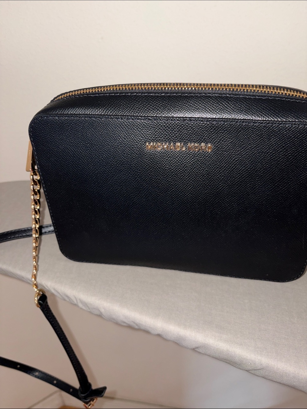 Michael Kors Black Saffiano Leather Crossbody with Gold Chain Accent